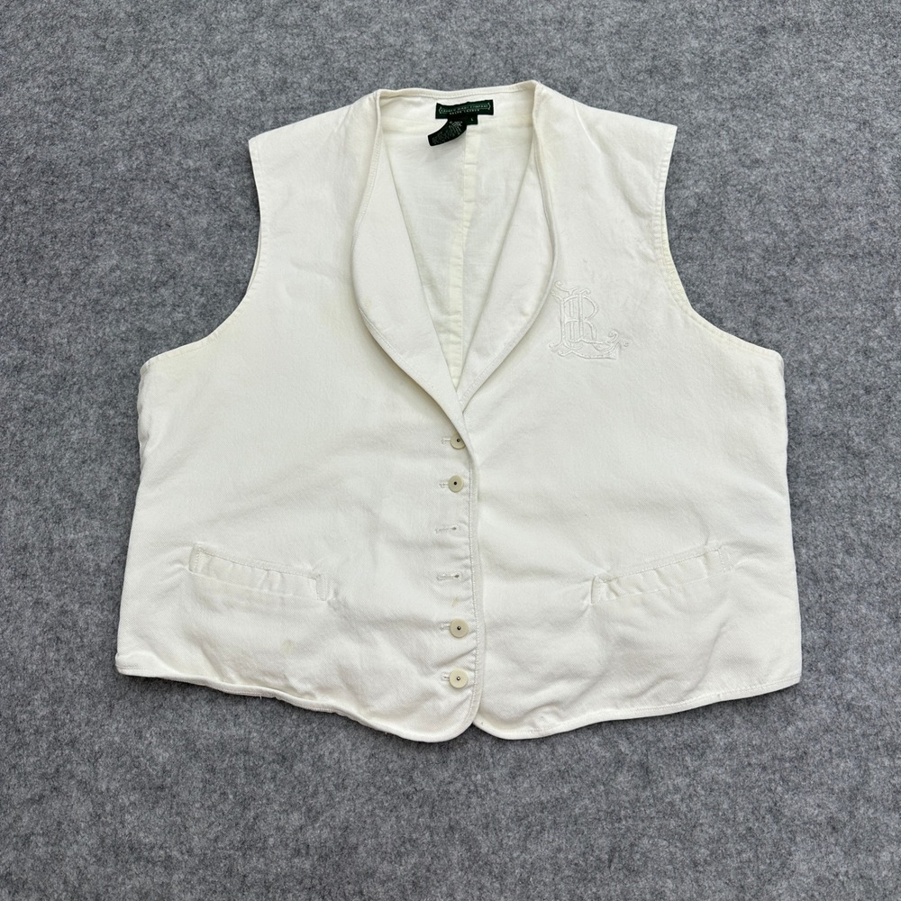 Lauren Ralph Lauren Denim Vest Off White Shawl Collar Cinch Back LRL Monogram Lg